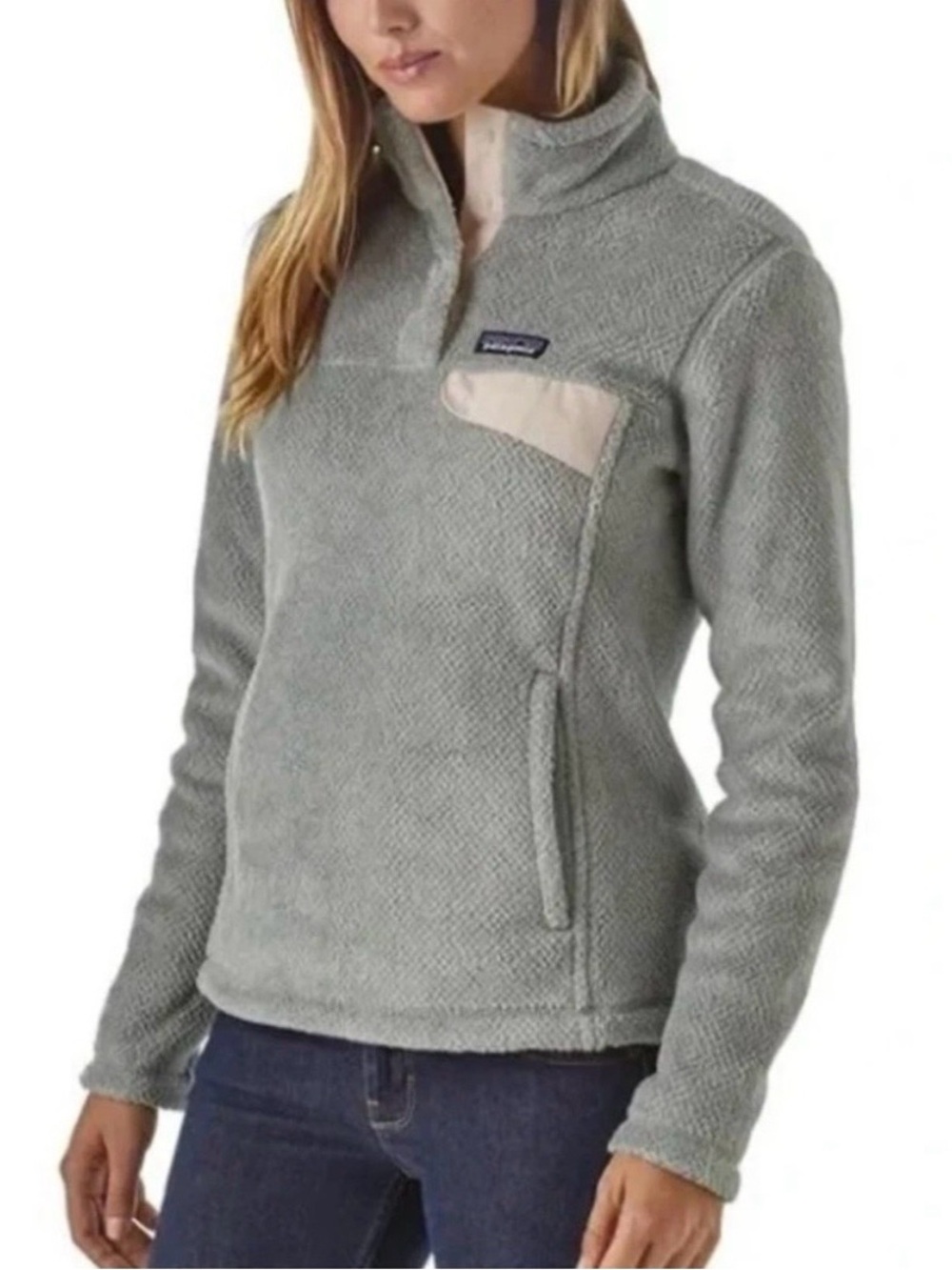 Patagonia Heather Gray Fleece Pullover with Cream Patch